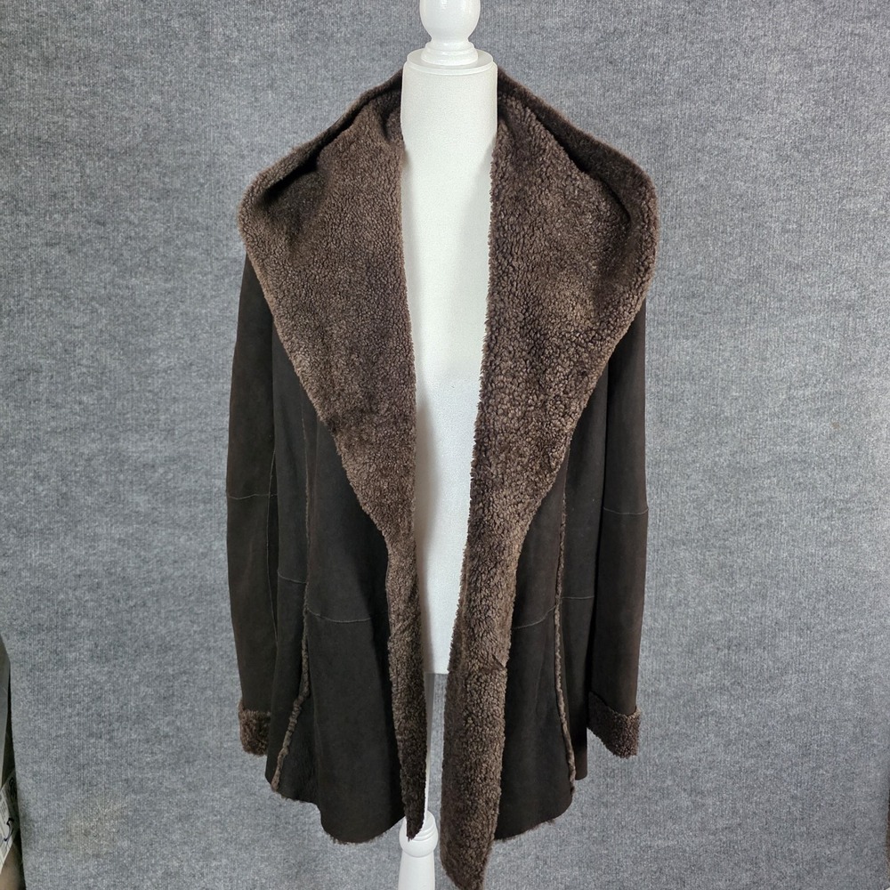 Vince M Shearling Leather Coat Spanish Merino Lamb Wool Brown Suede Hooded - Picture 4 of 13